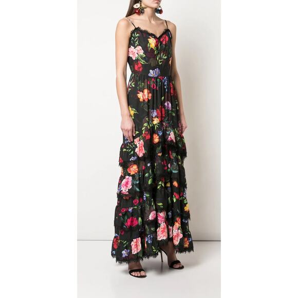 Marchesa Notte Lace-trimmed Tiered Floral-print Crepe De Chine Midi Dress Black - Picture 1 of 16